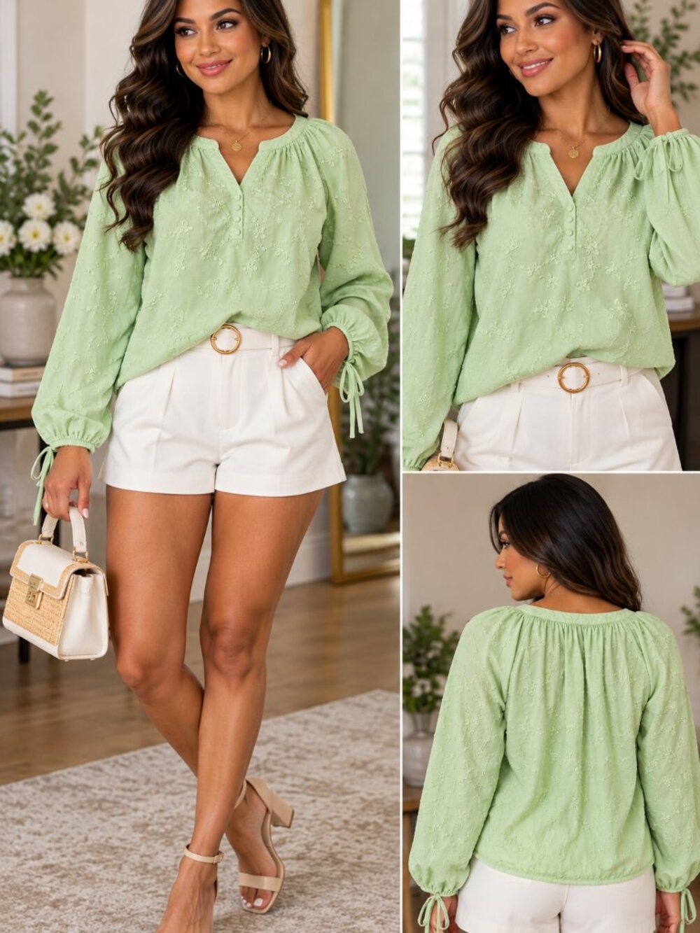 BCX Mint Green Floral Embroidered Long Sleeve Blouse Size M - Picture 4 of 9